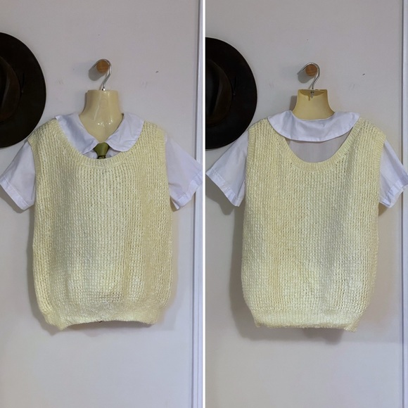 Vintage hand knit soft yellow oversized scoop neck sweater vest - Picture 3 of 11